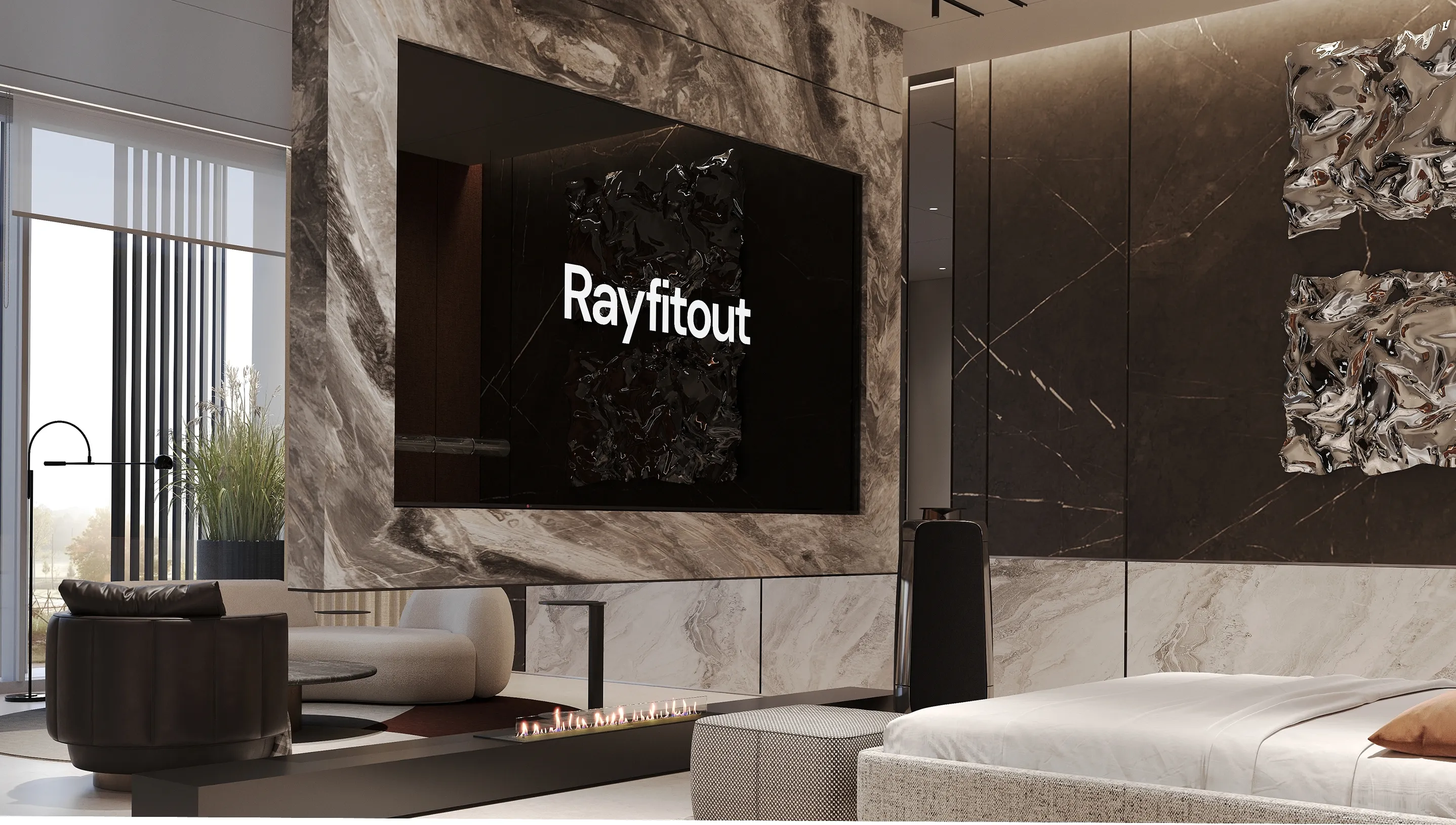 High-end villa interior fit out featuring a wall-mounted TV and marble finishes in Abu Dhabi.