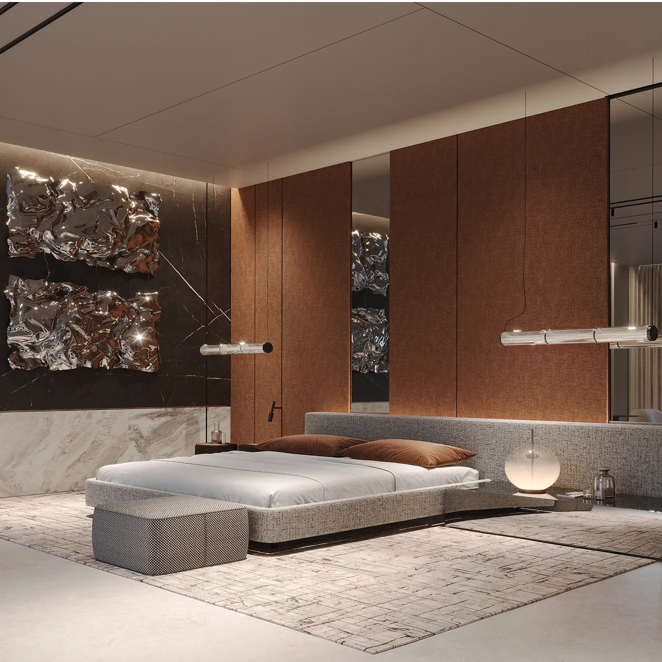 Contemporary bedroom fit out featuring custom wall finishes and tailored furnishings.
