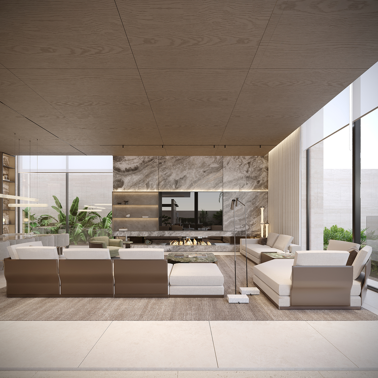 Minimalist bathroom interior featuring a freestanding tub and natural stone basin in Dubai.
