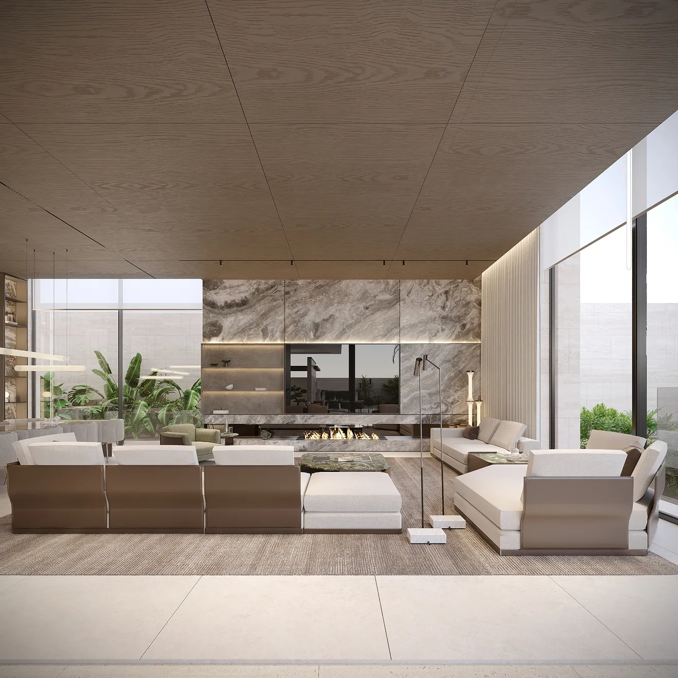 Luxury living room interior fit out featuring an integrated fireplace and custom seating.