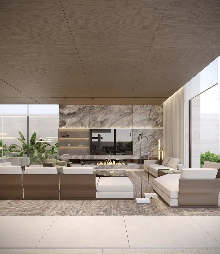 Rayfitout luxury living room interior fit out with marble feature wall, fireplace, and modular sofa.