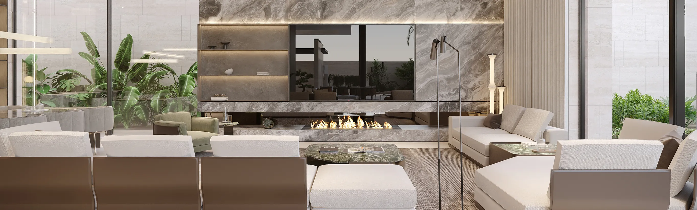 Rayfitout luxury living room interior fit out with marble feature wall, fireplace, and modular sofa.