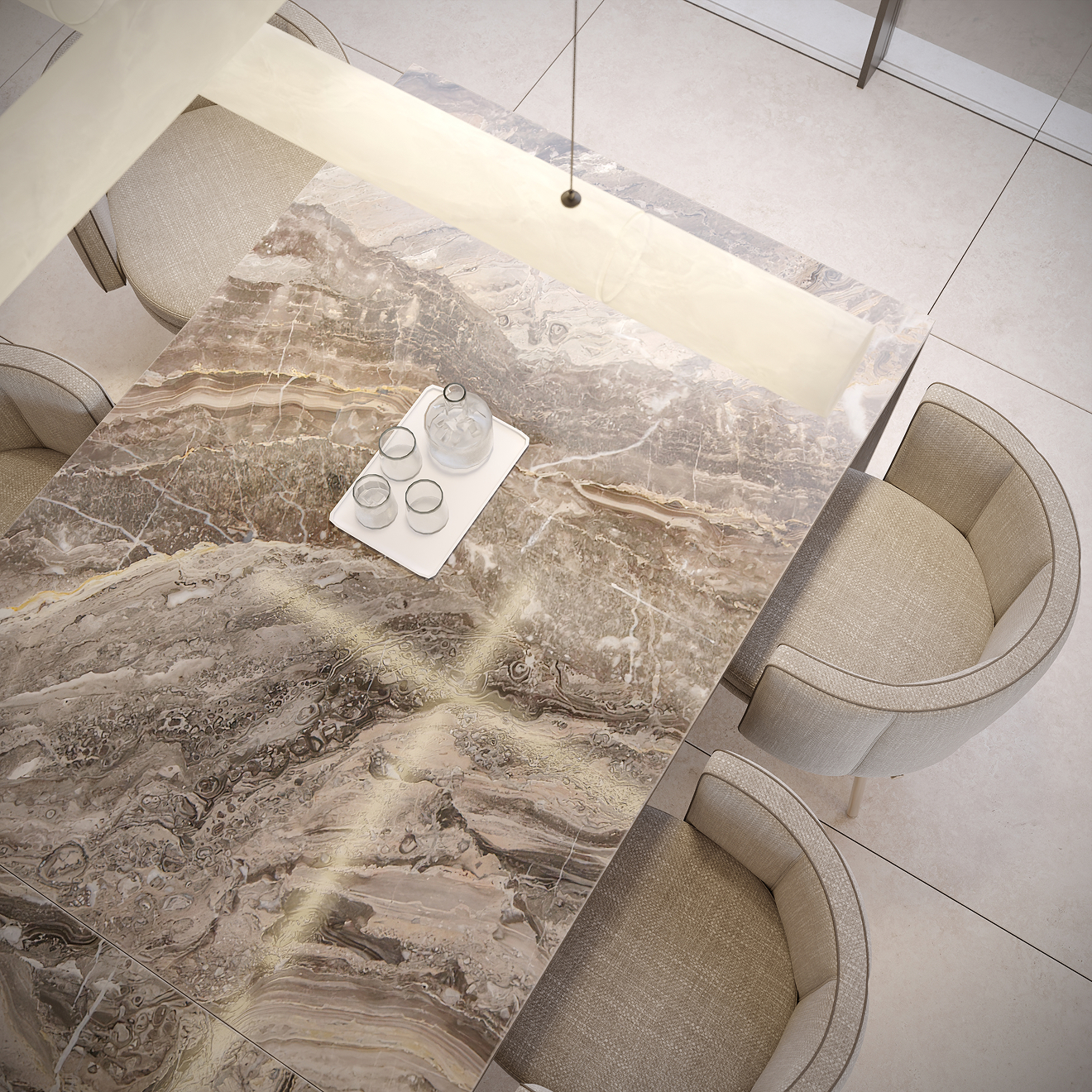 Minimalist bathroom interior featuring a freestanding tub and natural stone basin in Dubai.