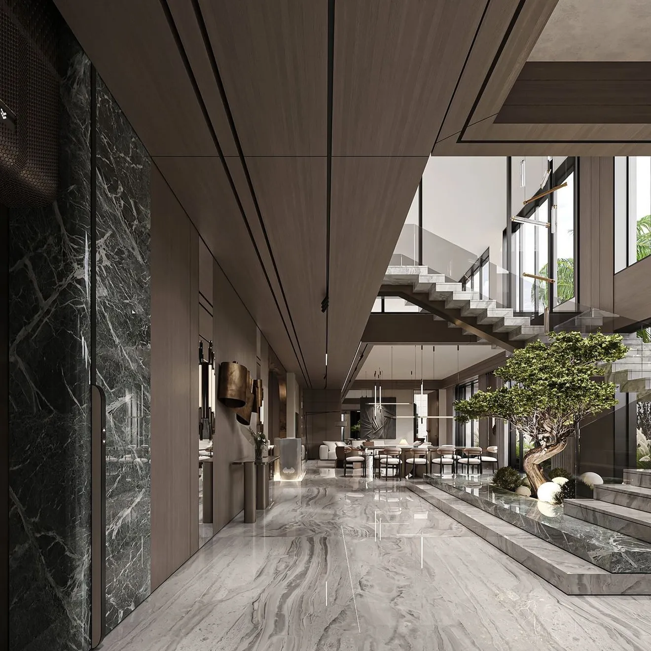 Minimalist living room interior design with floor-to-ceiling windows.