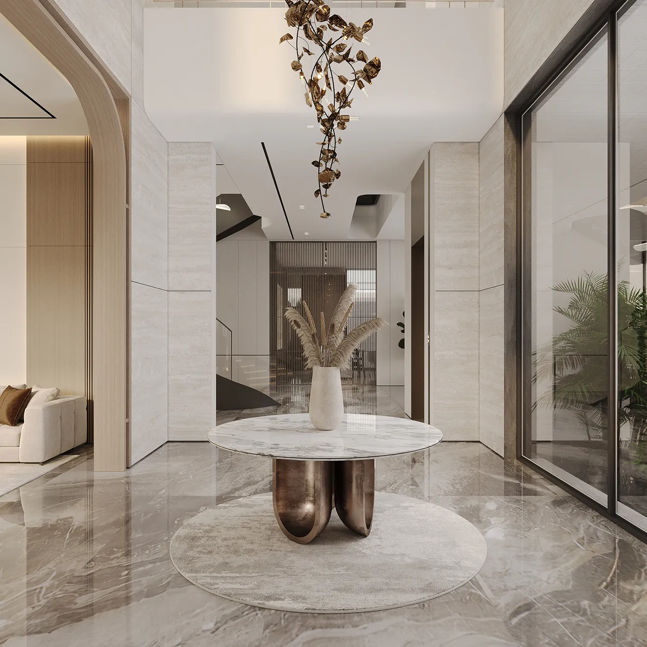 Minimalist living room interior design with floor-to-ceiling windows.