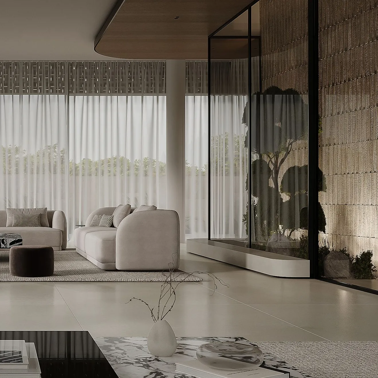 Modern kitchen island featuring a granite countertop and wooden cabinetry.