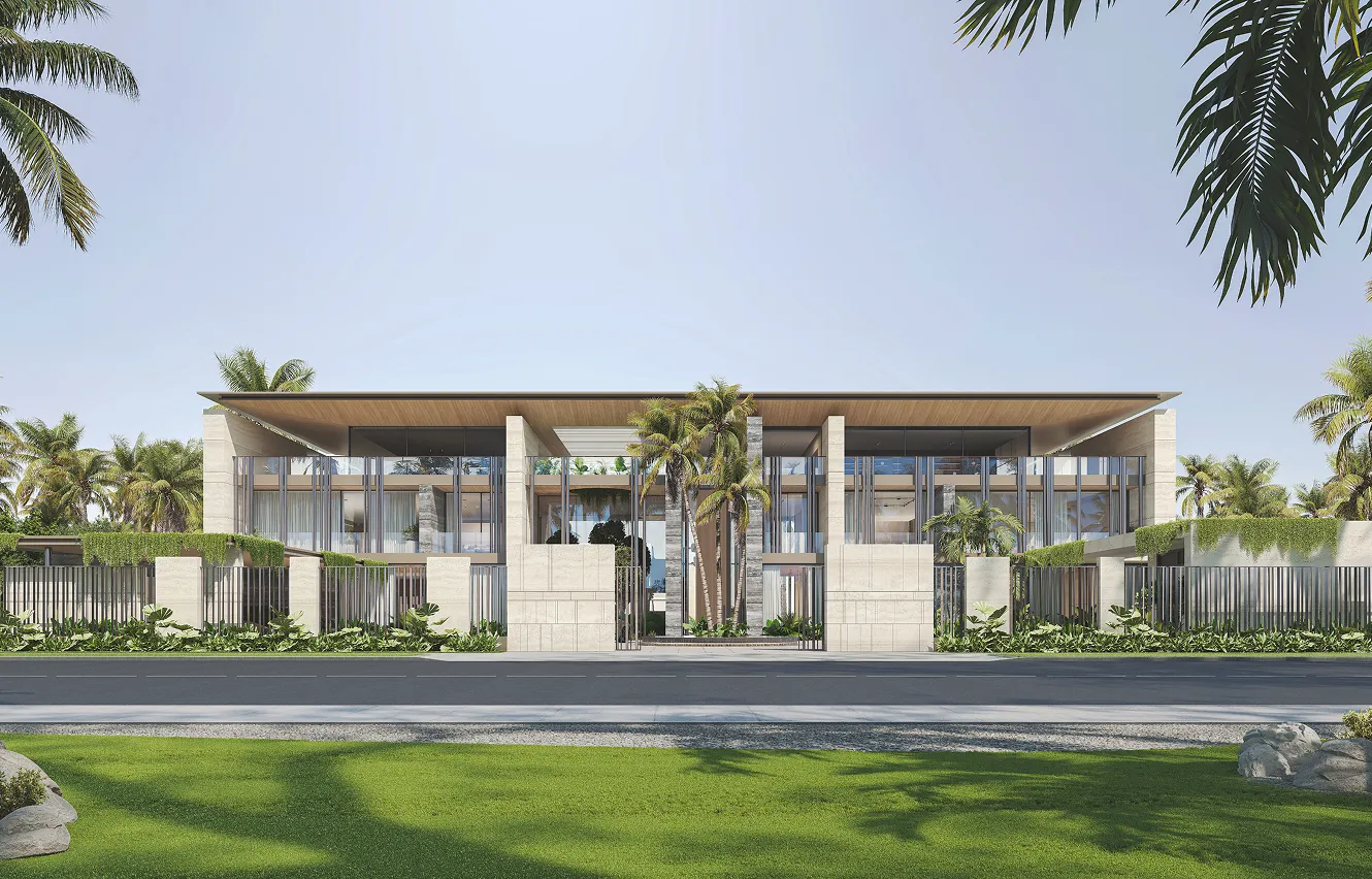 Luxury dining interior design featuring marble tabletop and contemporary seating in an Abu Dhabi villa.