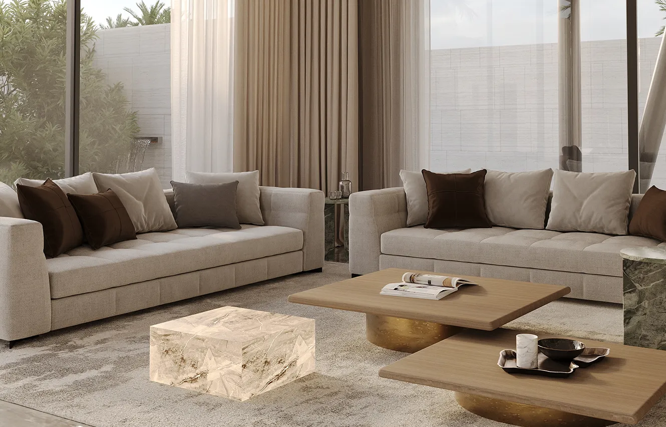 Modern living room interior featuring built-in bookshelf and bespoke joinery in Abu Dhabi.