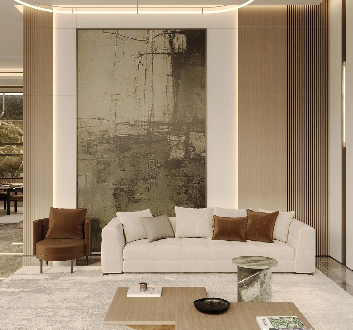 Modern majlis interior design in a luxury villa in Dubai by an award-winning interior design firm.