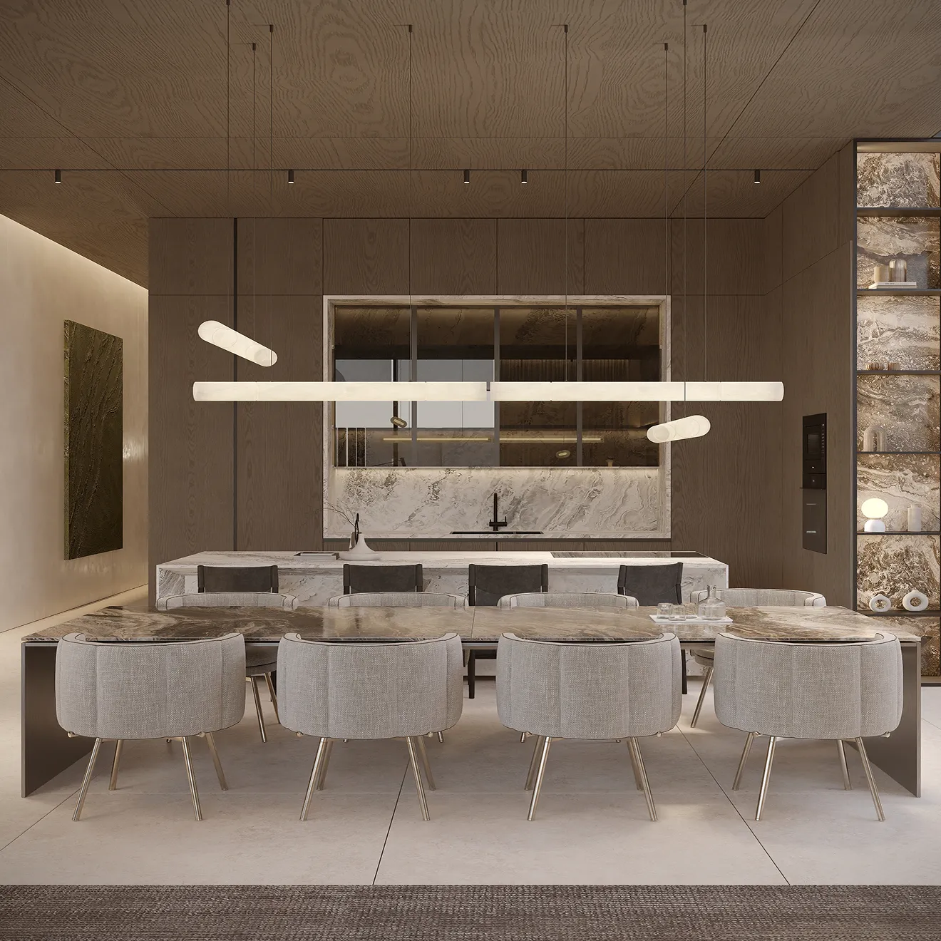 Luxury living room interior featuring marble coffee table and warm wood accent wall.