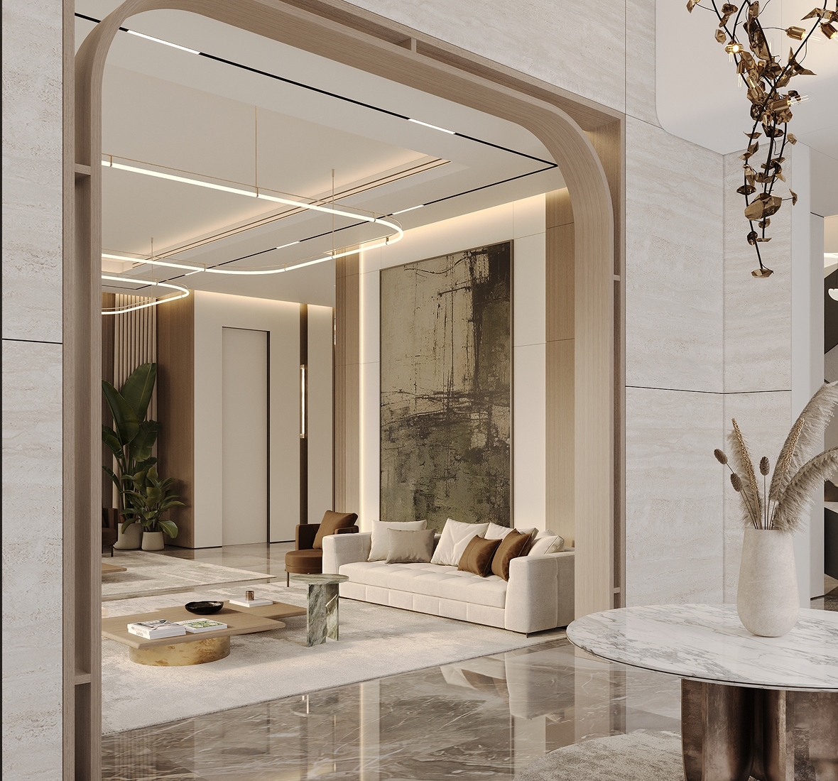 Modern majlis interior design in a luxury villa in Dubai by an award-winning interior design firm.