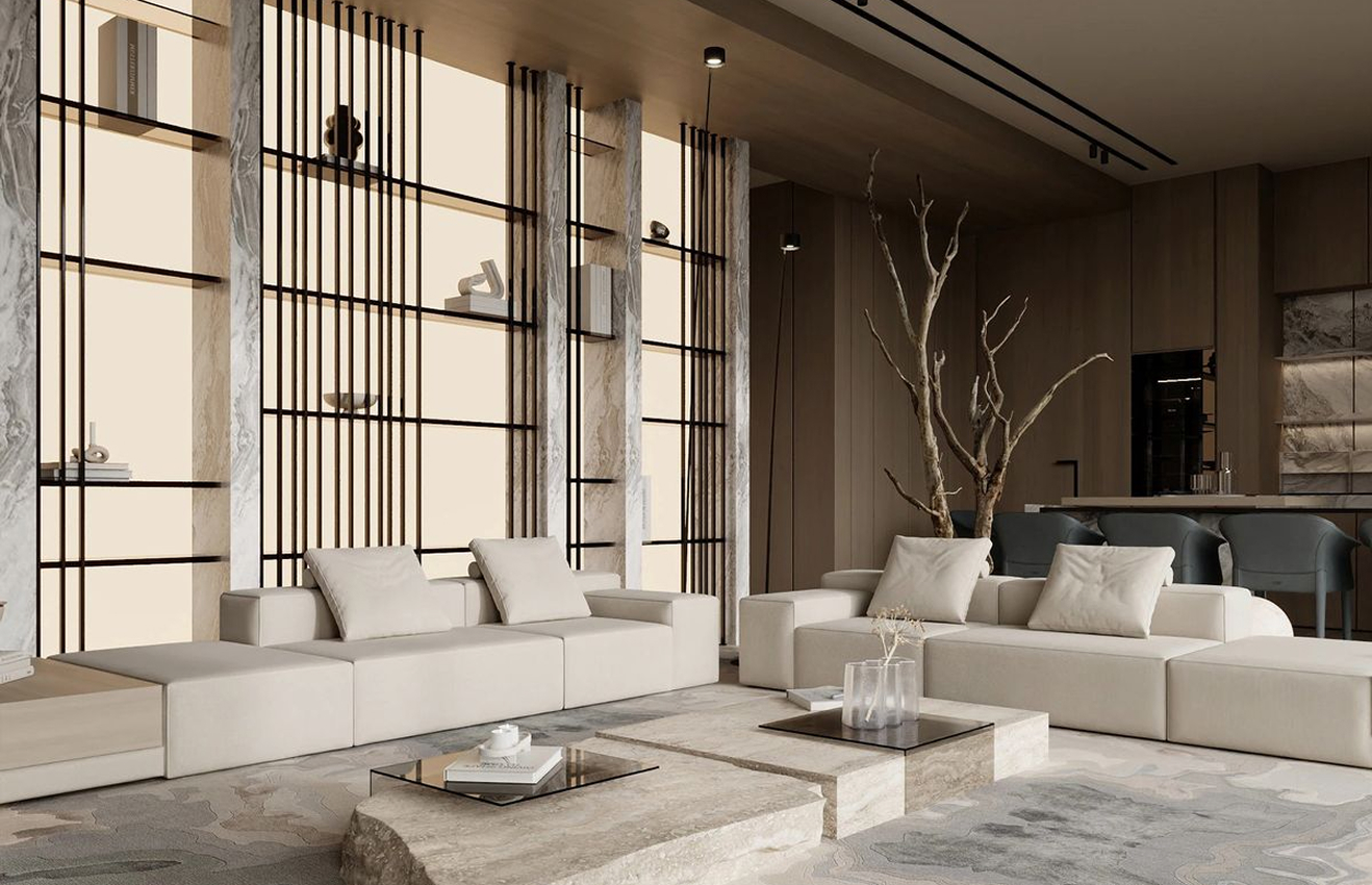 Minimalist living room interior design with floor-to-ceiling windows.