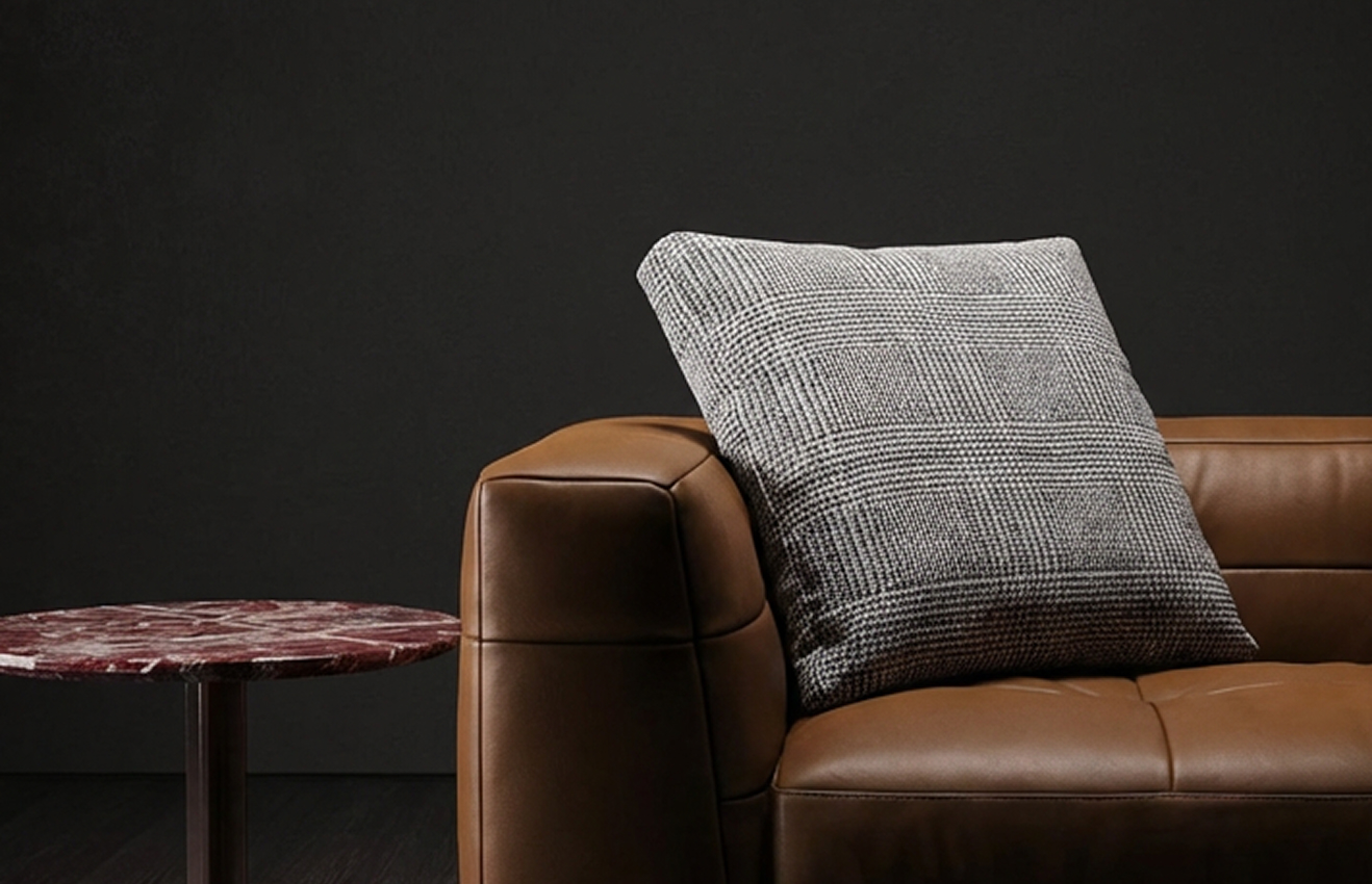 Minimalist living room interior design with floor-to-ceiling windows.