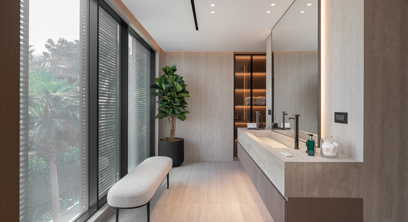 Minimalist living room interior design with floor-to-ceiling windows.