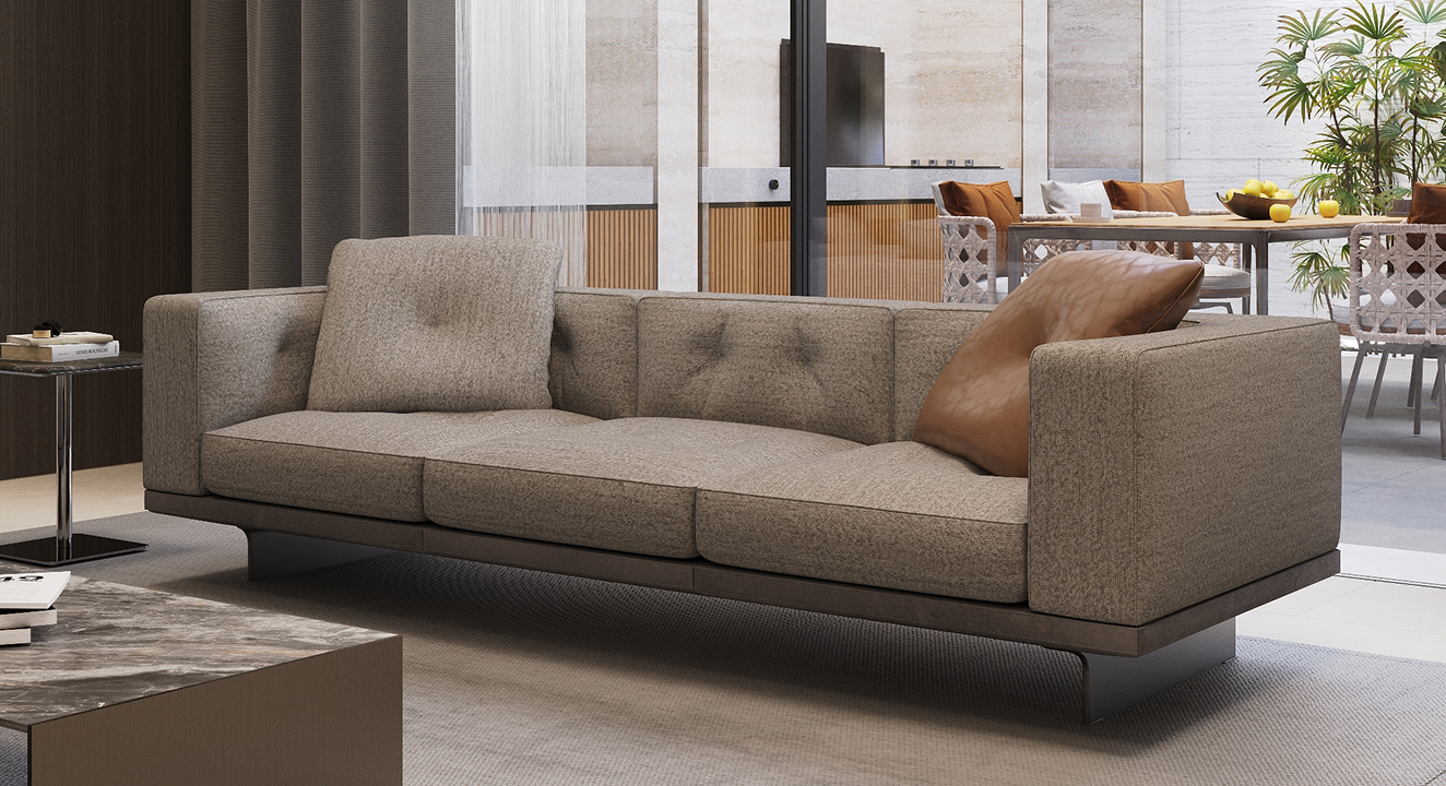 Minimalist living room interior design with floor-to-ceiling windows.