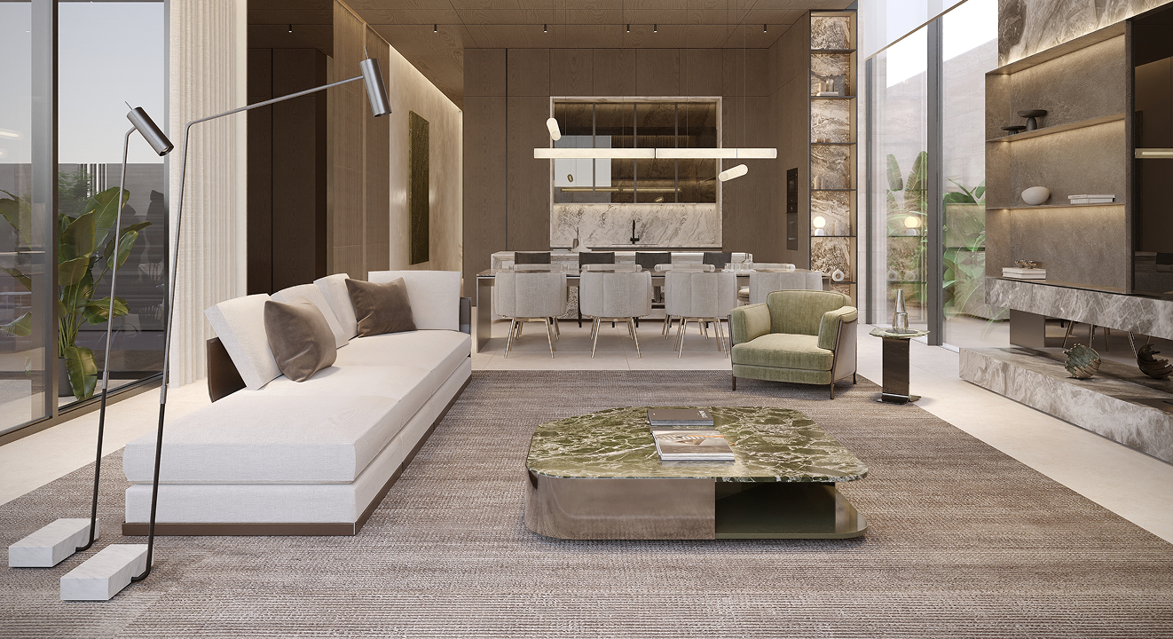 Minimalist living room interior design with floor-to-ceiling windows.