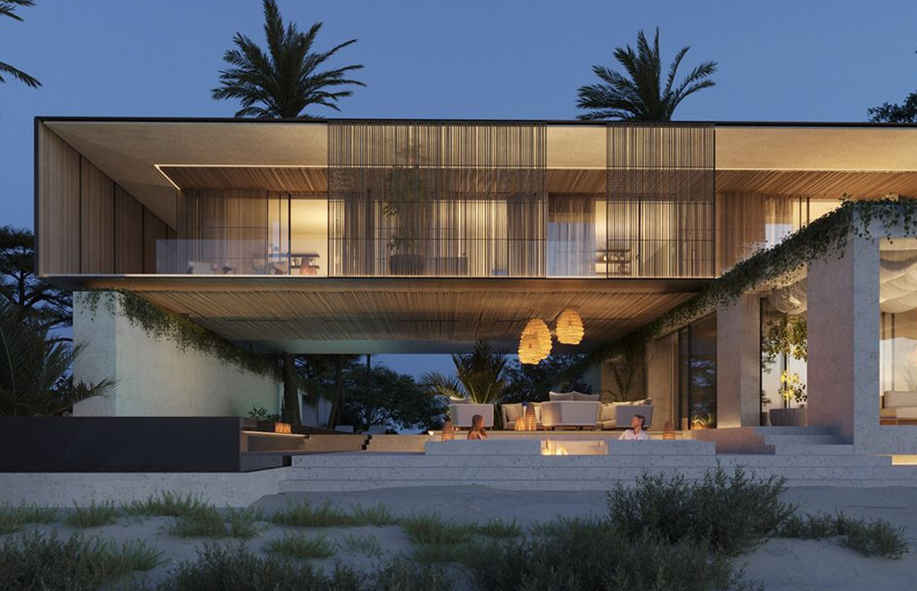 Minimalist living room interior design with floor-to-ceiling windows.
