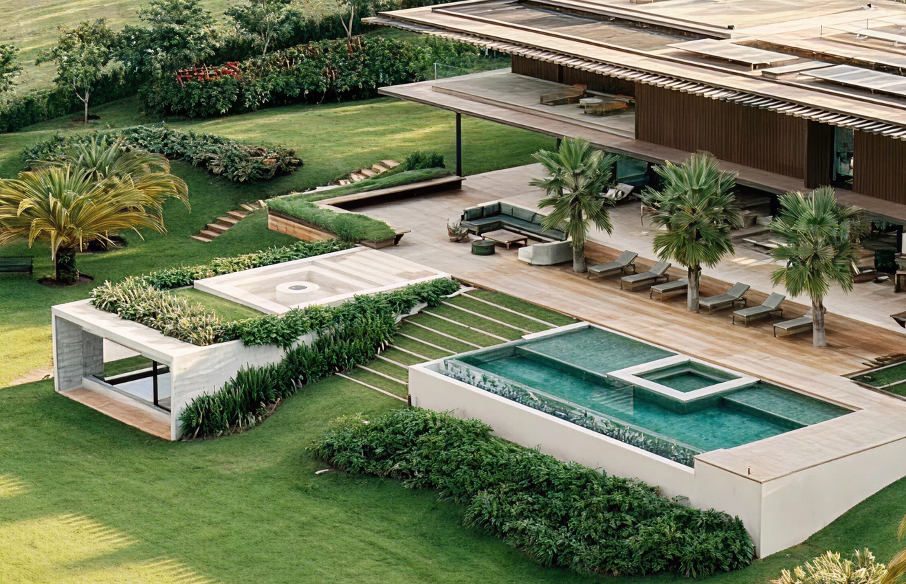 Minimalist living room interior design with floor-to-ceiling windows.