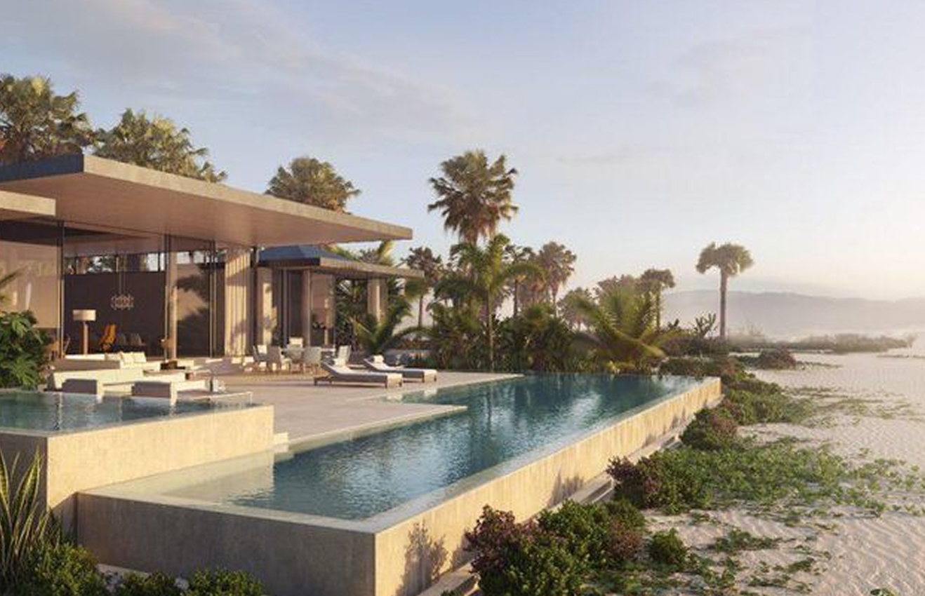 Minimalist living room interior design with floor-to-ceiling windows.