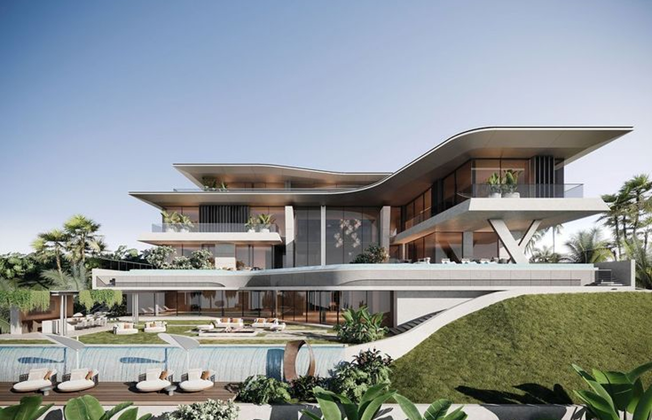 Minimalist living room interior design with floor-to-ceiling windows.