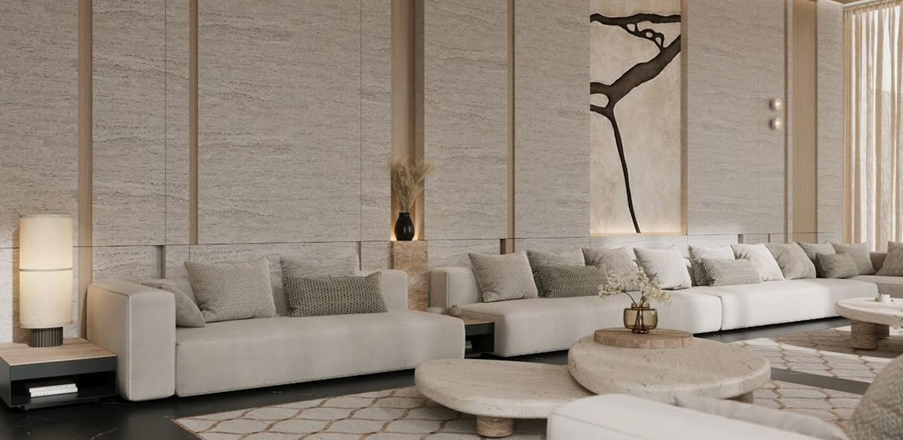 Minimalist living room interior design with floor-to-ceiling windows.