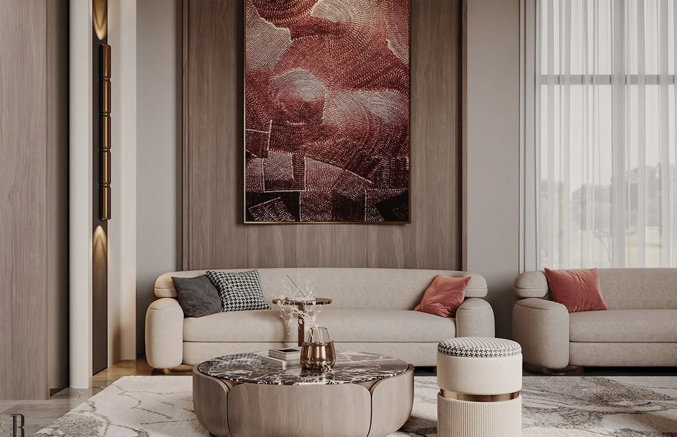 Contemporary majlis interior design featuring premium finishes and custom joinery.