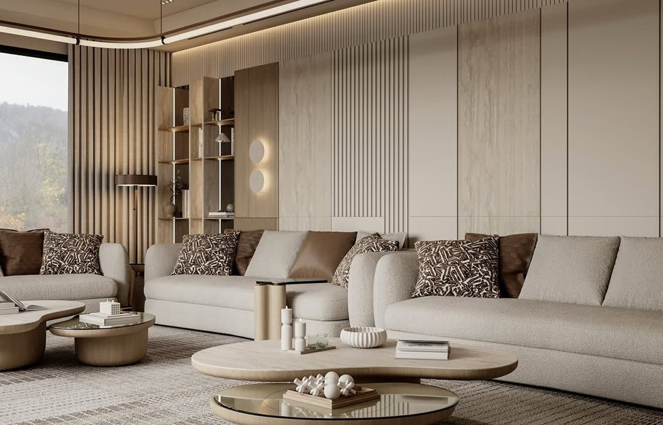 Modern living room interior featuring built-in bookshelf and bespoke joinery in Abu Dhabi.