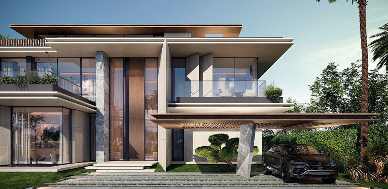 Minimalist living room interior design with floor-to-ceiling windows.
