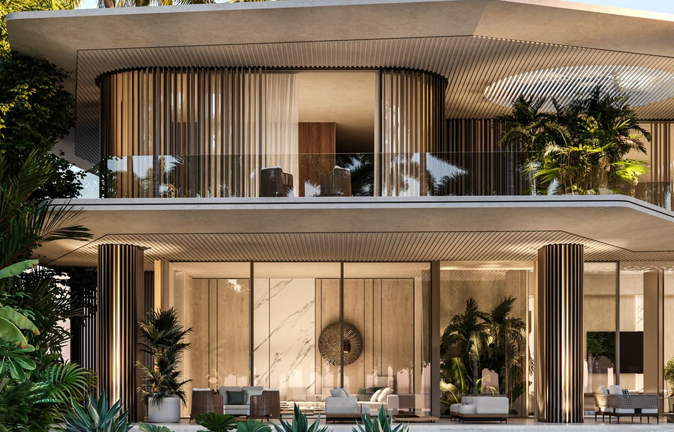 Luxury dining interior design featuring marble tabletop and contemporary seating in an Abu Dhabi villa.