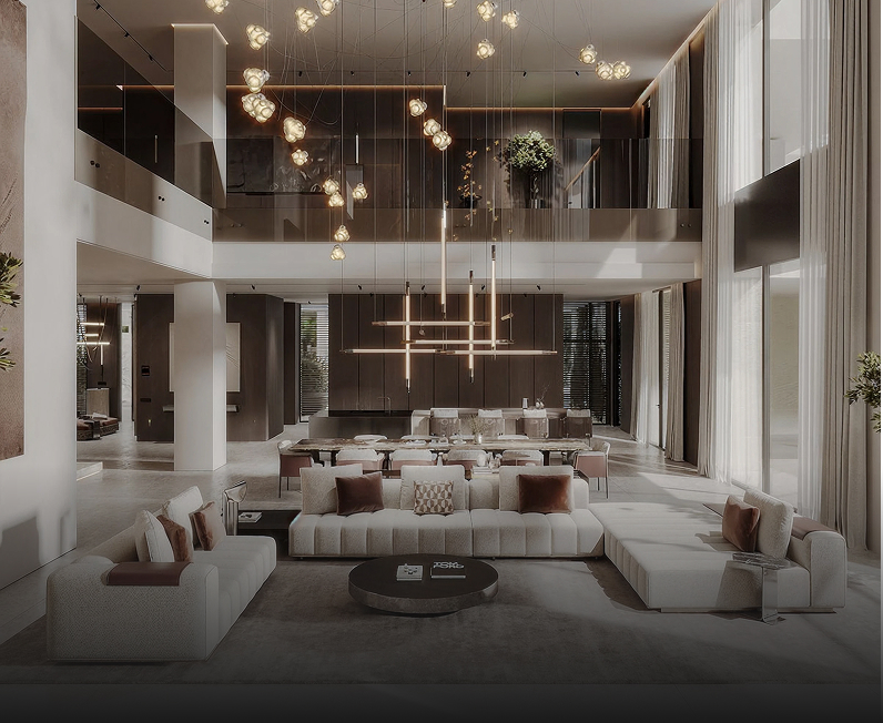 Villa Interior design featuring bespoke joinery and marble flooring