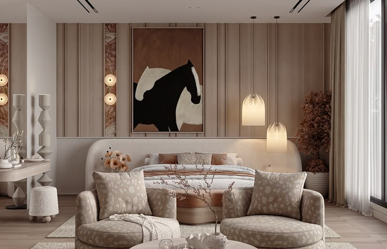 Minimalist living room interior design with floor-to-ceiling windows.