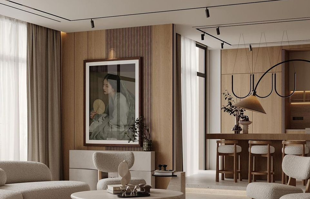 Minimalist living room interior design with floor-to-ceiling windows.