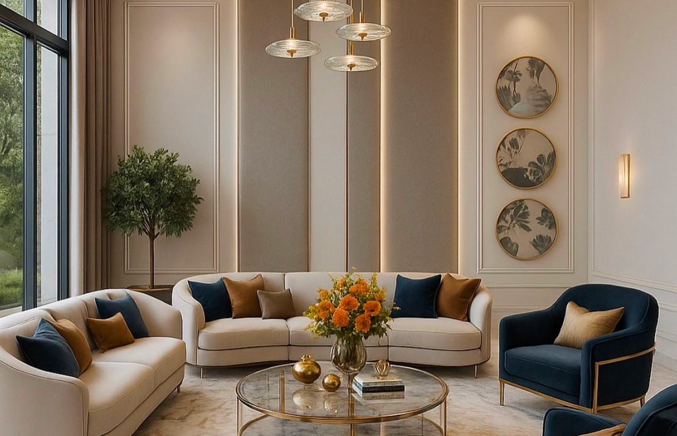 Minimalist living room interior design with floor-to-ceiling windows.