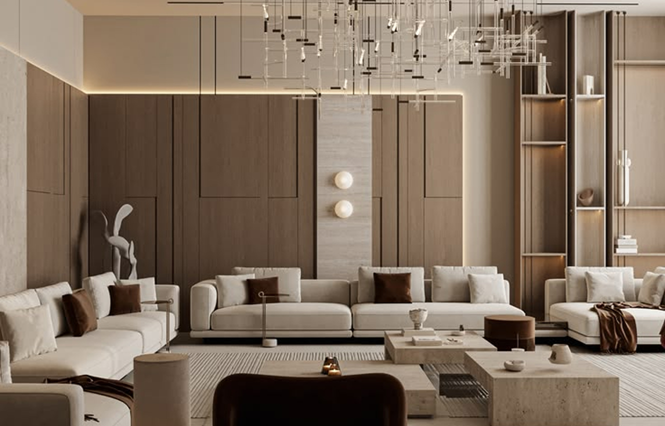 Luxury dining interior design featuring marble tabletop and contemporary seating in an Abu Dhabi villa.