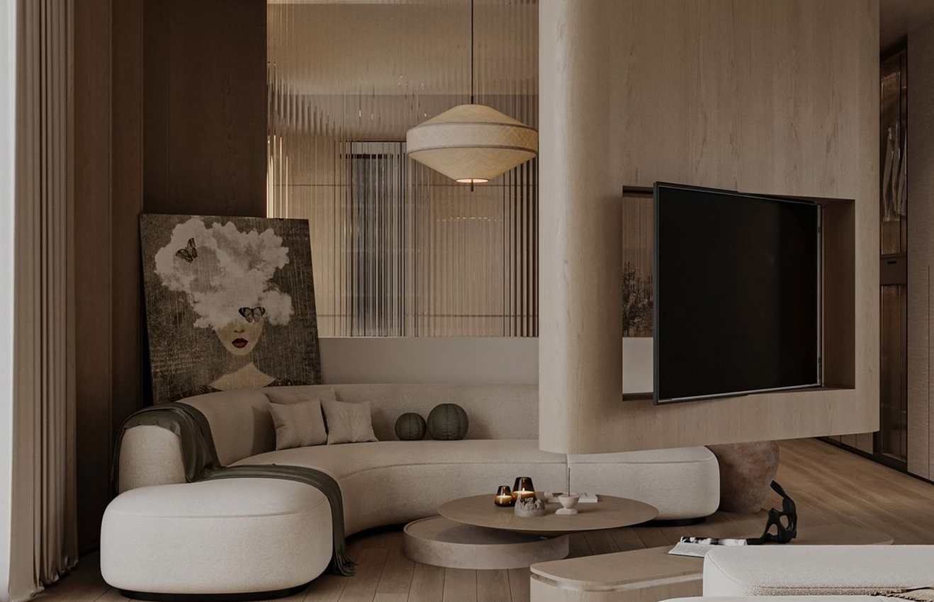 Minimalist living room interior design with floor-to-ceiling windows.