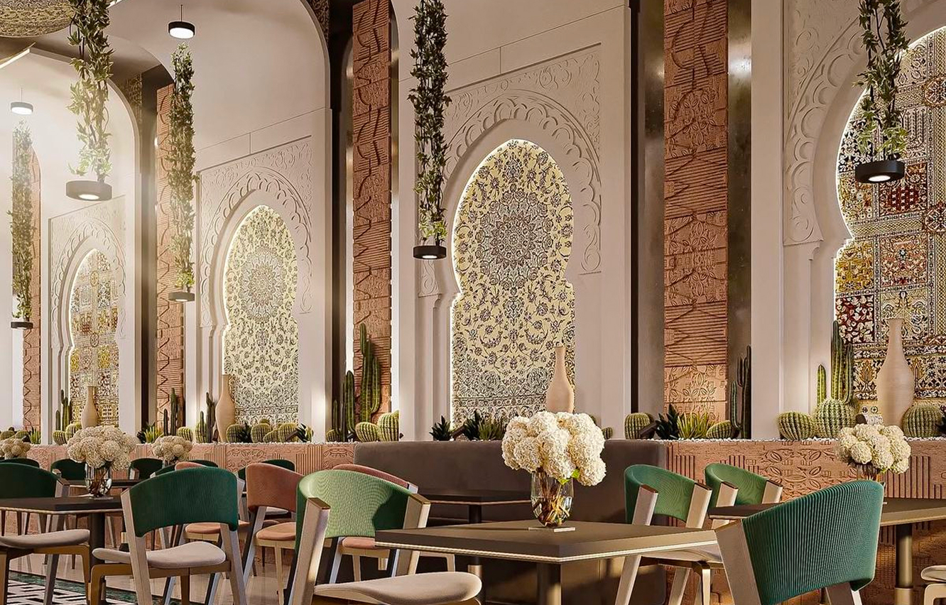 Luxury villa in Abu Dhabi featuring contemporary ceiling fixture by Rayfitout.