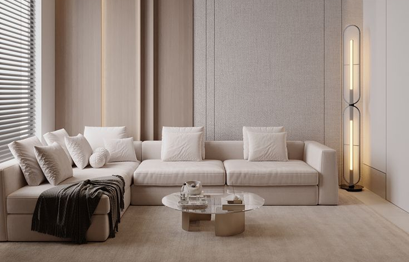 Modern living room interior featuring built-in bookshelf and bespoke joinery in Abu Dhabi.