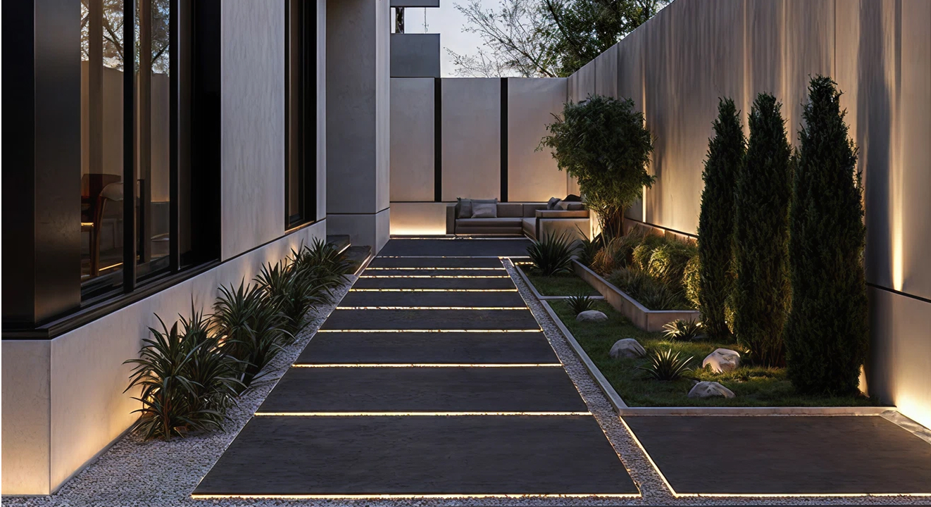 Minimalist living room interior design with floor-to-ceiling windows.
