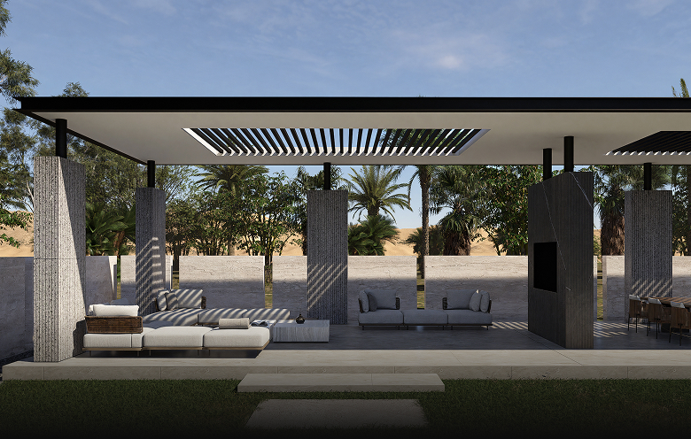 Corten steel pergolas with motorized louvers