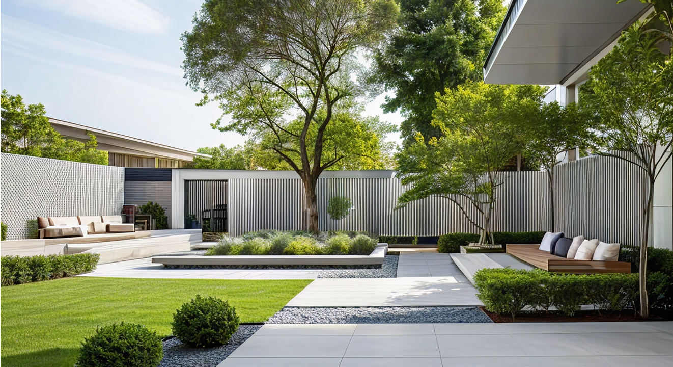Minimalist living room interior design with floor-to-ceiling windows.