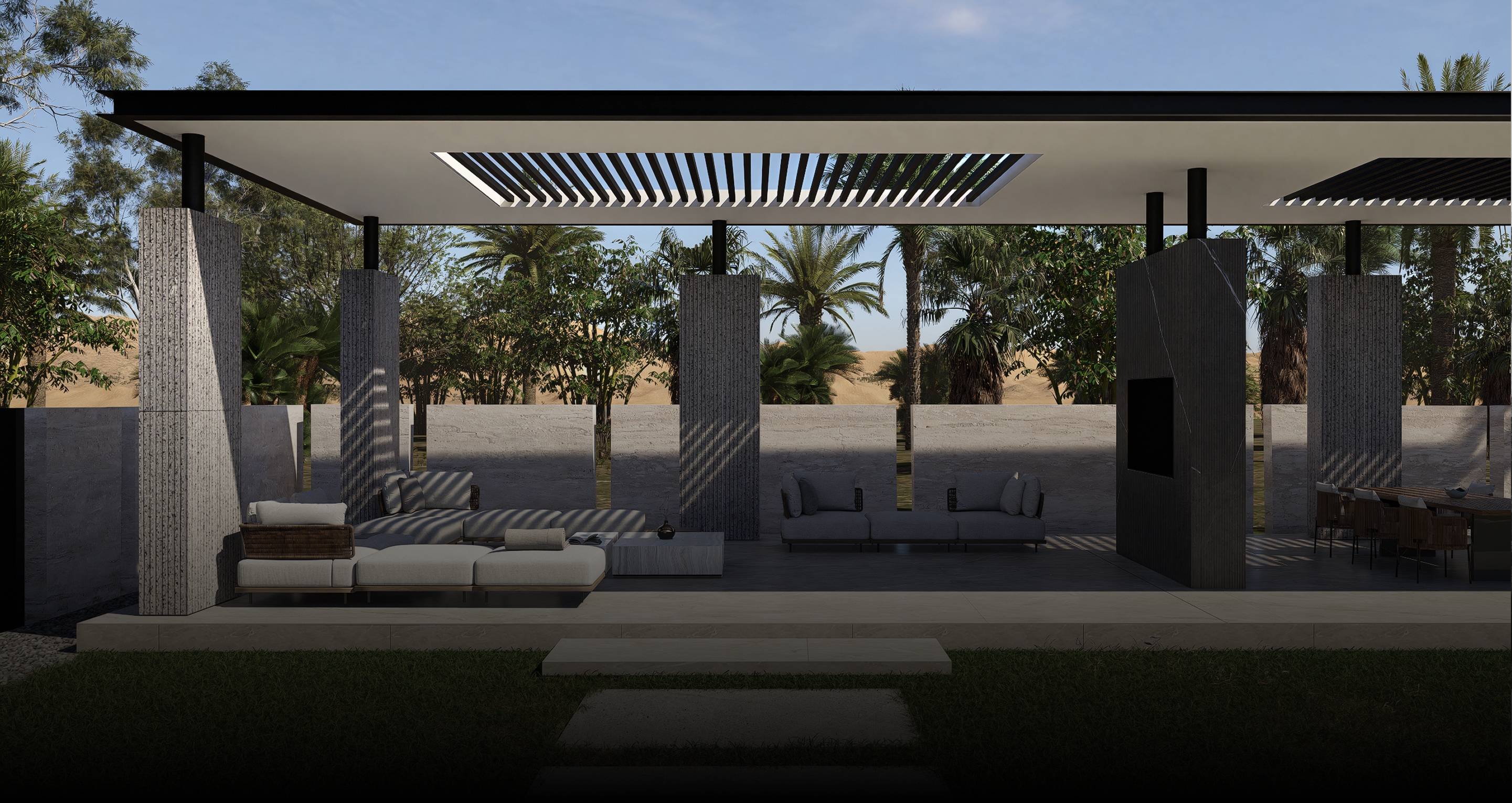 Corten steel pergolas with motorized louvers