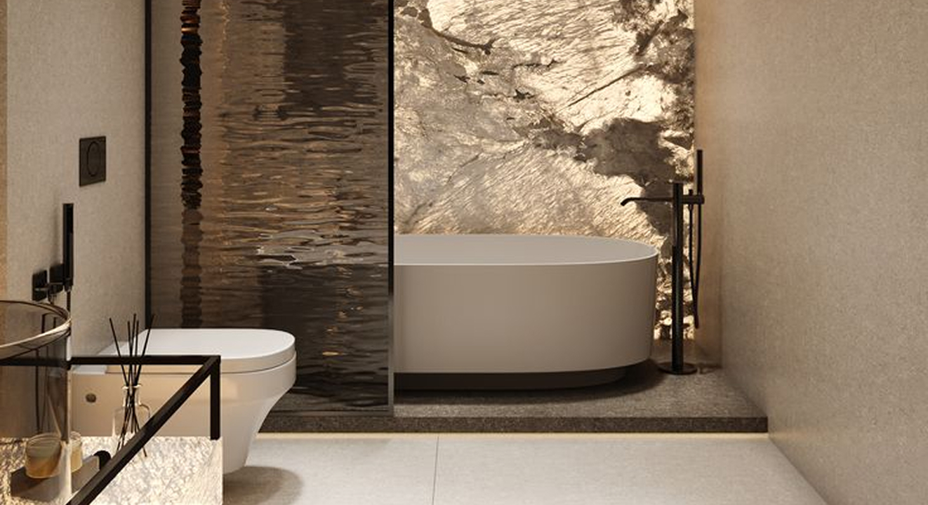 Minimalist living room interior design with floor-to-ceiling windows.