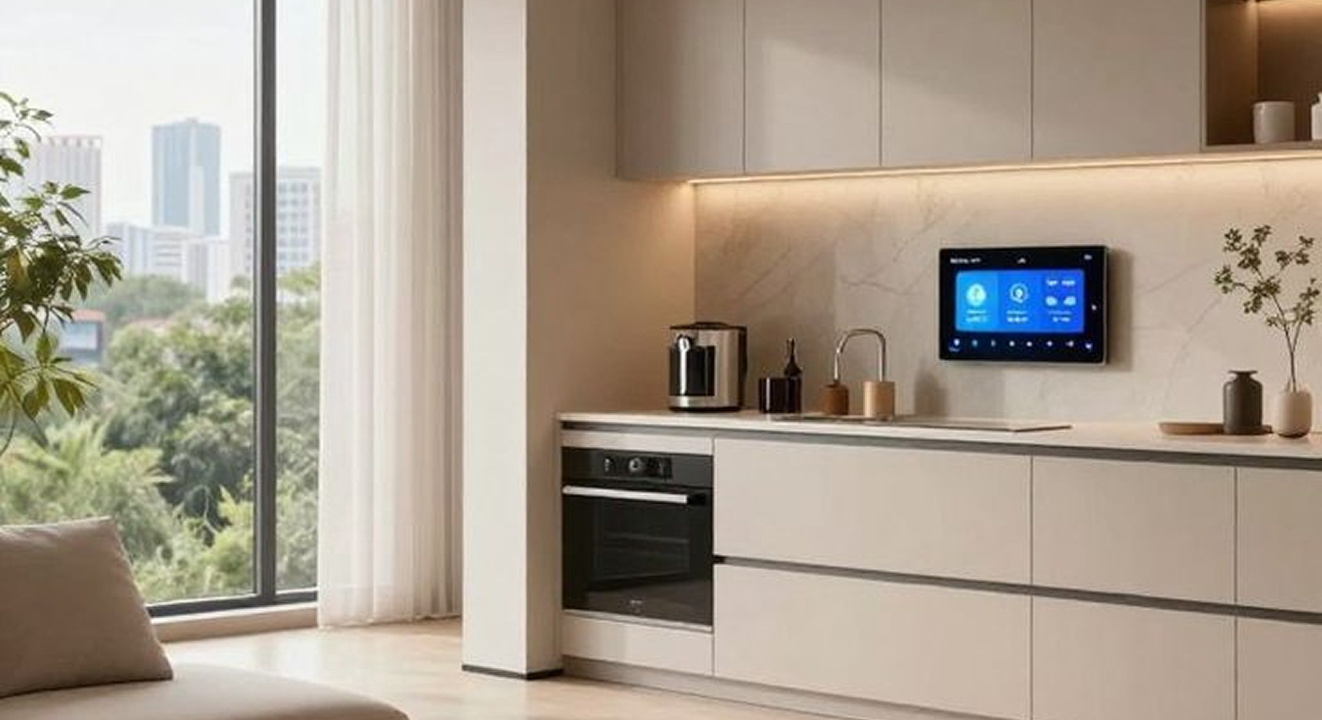 Minimalist living room interior design with floor-to-ceiling windows.