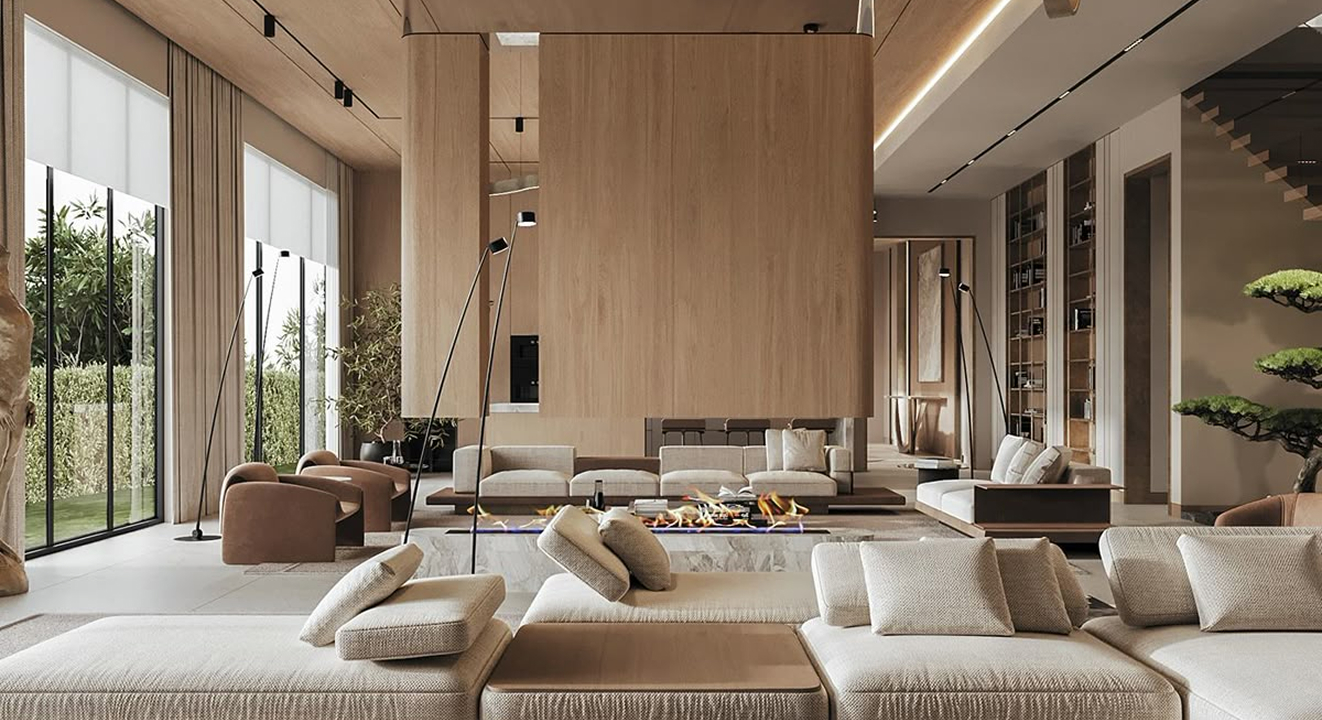 Minimalist living room interior design with floor-to-ceiling windows.