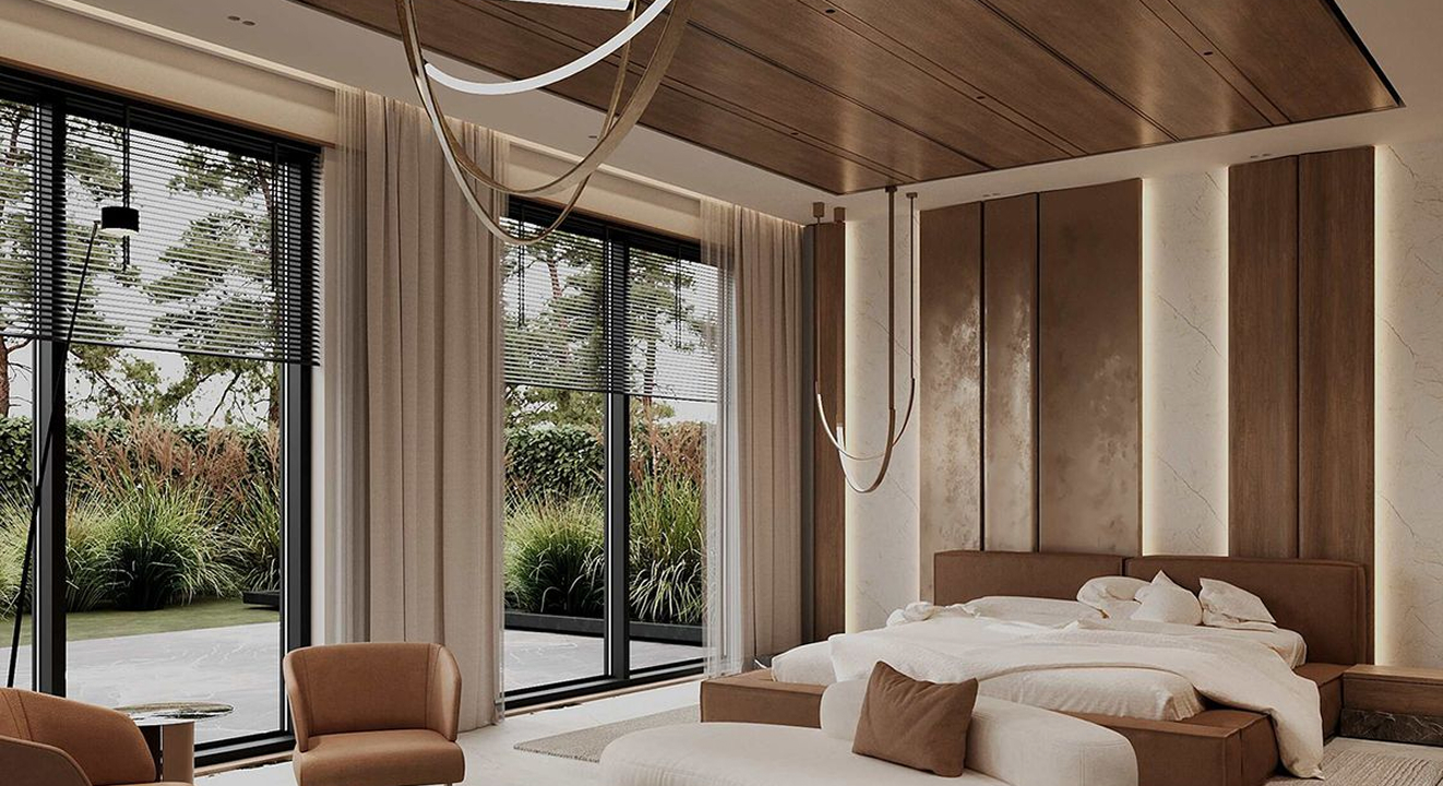 Minimalist living room interior design with floor-to-ceiling windows.