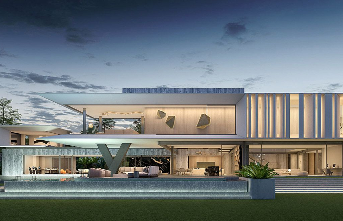 Minimalist living room interior design with floor-to-ceiling windows.