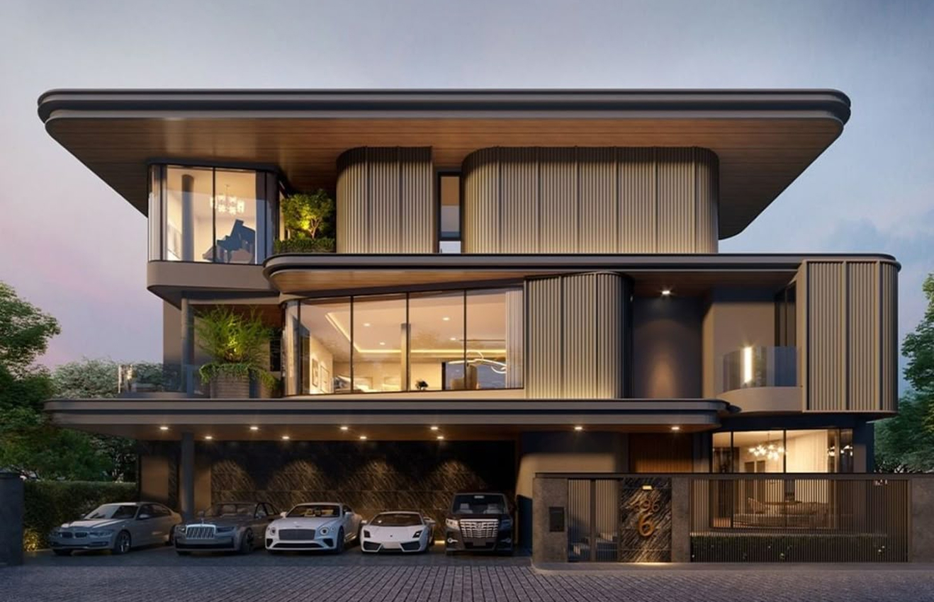 Minimalist living room interior design with floor-to-ceiling windows.