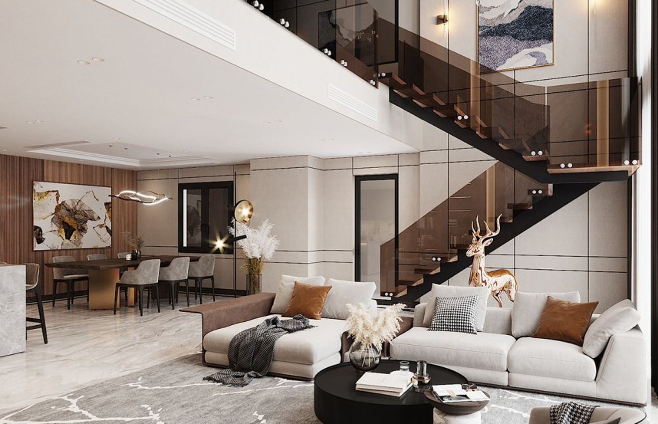 Minimalist living room interior design with floor-to-ceiling windows.