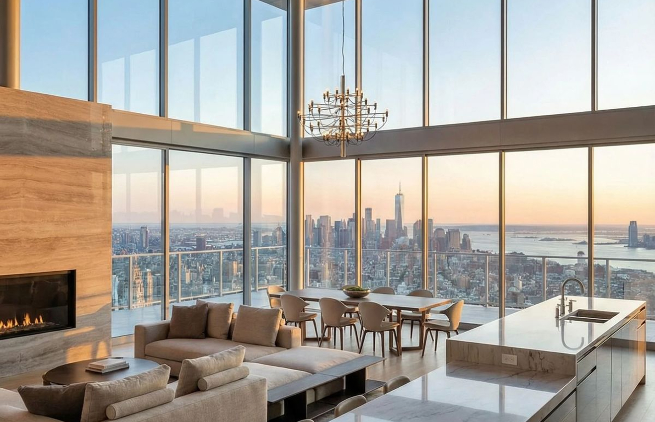 Minimalist living room interior design with floor-to-ceiling windows.