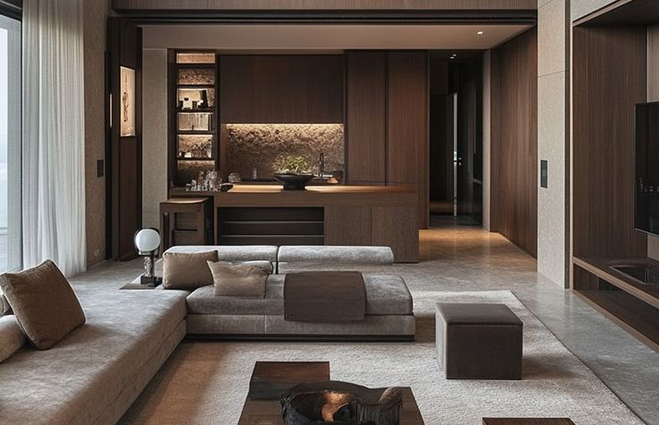 Minimalist living room interior design with floor-to-ceiling windows.